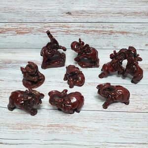 8 Vintage Red Resin Lacquer Elephant Figurines